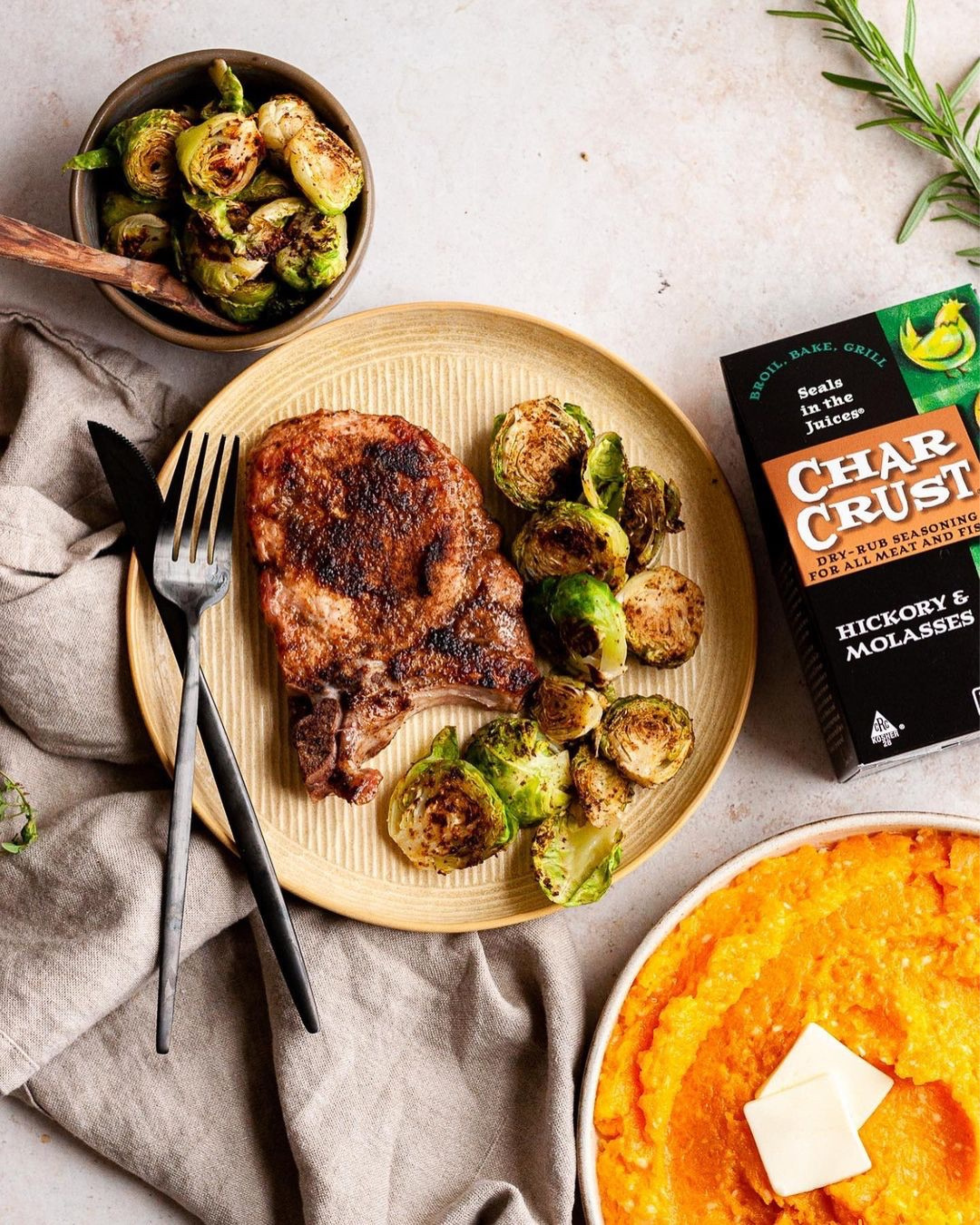 Char Crust® Hickory &amp; Molasses dry-rub seasoning on pork chops. Used in this recipe as a pork rub but Hickory &amp; Molasses is also good as a beef rub, steak rub, chicken rub, and pork rub.